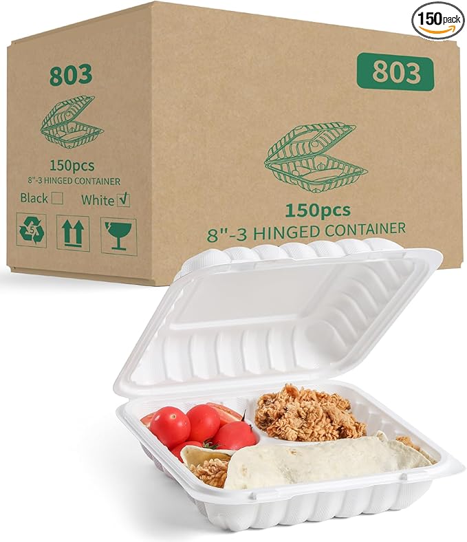 YANGRUI To Go Food Containers, Reusable 150 Pack 8 Inch 34 OZ MFPP Meal Prep Container BPA Free Microwave Freezer Safe Plastic Hinged White Clamshell Take Out Food Boxes