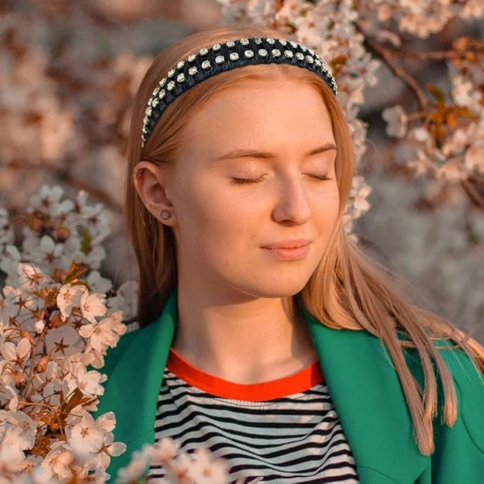 Madison Tyler Rhinestone Headbands for Women | Black Handmade Outdoor Jeweled Hair Band for Girls | Thin Hair and Thick Hair | Skincare and Boho Spring Headband for Women's hair