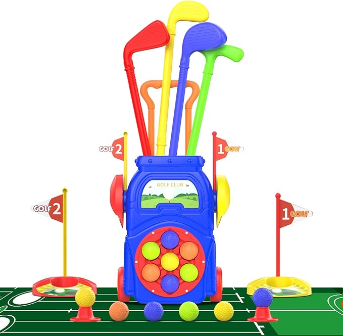 Toddler Golf Set for Boys & Girls Ages 2 3 4 5, Kids Golf Clubs with Putting Mat, Golf Cart, 7 Balls, 4 Golf Clubs, 2 Practice Holes, Indoor & Outdoor Toy Sports Gift