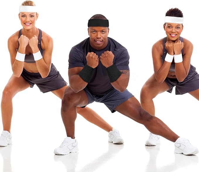 24 Pcs Neon Sweatbands Set Include 8 Pcs Sports Headband and 16 Pcs Cotton Wristbands 80s Neon Sweat Bands Bulk for Gym, Tennis, Basketball, Running, Exercise