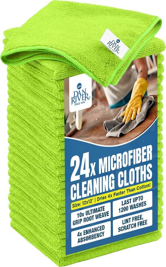 DAN RIVER 24-Pack Green Microfiber Towels โ Ultra Absorbent, Lint-Free & Streak-Free Cleaning Cloths for Home, Car & Kitchen - Must-Have Cleaning Essentials - 12" x 12"