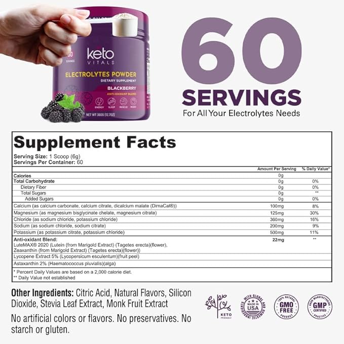 Keto Vitals Antioxidant Electrolytes Powder - Blend Keto Electrolytes with Potassium, Magnesium, Sodium, & Calcium - No Sugar Electrolyte Drink Mix & Hydration Powder, 60 Servings, BlackBerry