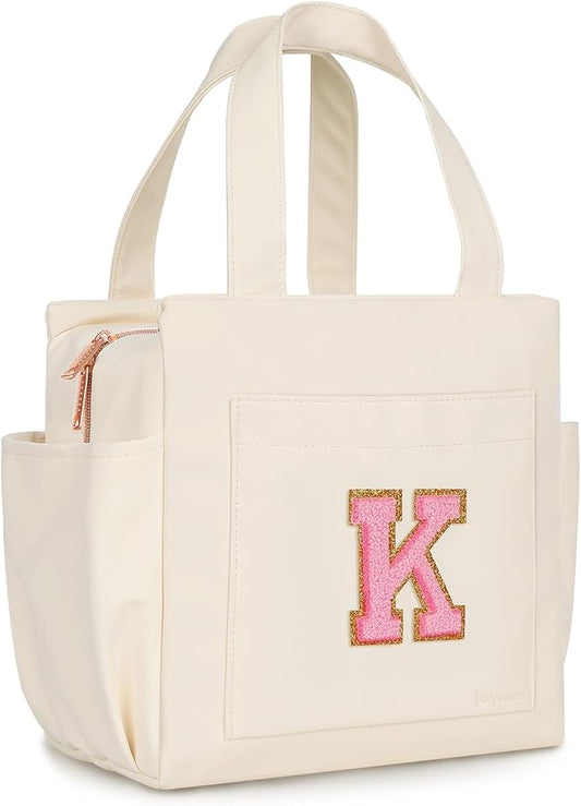 Joymee Leather Lunch Box Lunch Bag for Women Adult Insulated Reusable Leakproof Large Spacious Lunch Cooler Lunch Tote Bag with Bottle Holder and Side Pockets for Work Picnic Beach (Letter K)