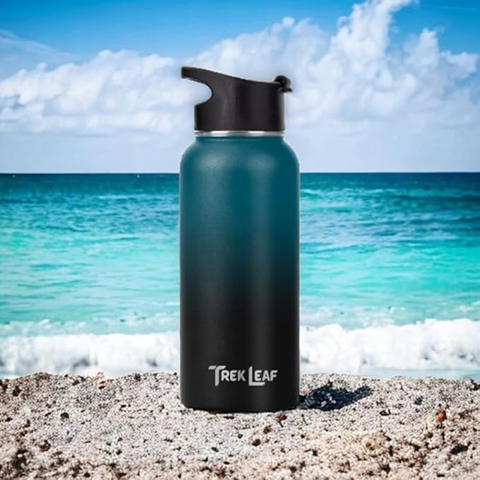 Travel Water Bottle with Carrying Bag, 3 Lids (Spout, Straw, Flip), and Bottle Brush; Leak Proof, Quality, Vacuum Insulated, Stainless Steel (Cascade Shadow, 32 oz)