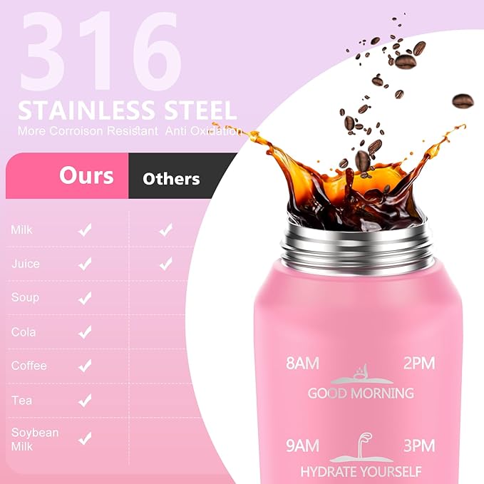 32oz Insulated water bottle with 2 Lids (Straw and Chug Lid), 18/10 Stainless Steel Water Bottle BPA Free, Double Wall Vacuum Wide Mouth Insulated Water Bottle for Men, Women & Kids PINK WHITE