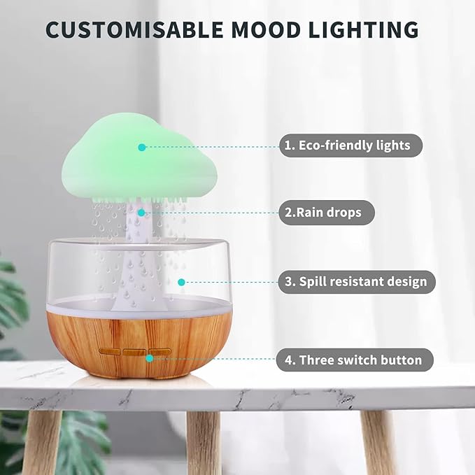 Weljoy Zen Raining Cloud Night Light Aromatherapy Essential Oil Diffuser Micro Humidifier Desk Fountain Bedside Sleeping Relaxing Mood Water Drop Sound (White) (White)