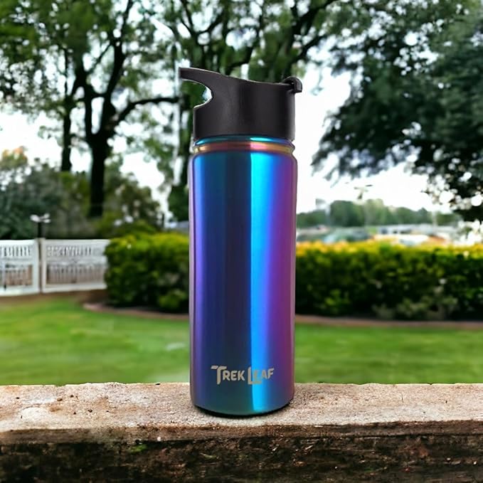 Travel Water Bottle with 3 Lids (Spout, Straw, Flip) Leak Proof, Quality, Vacuum Insulated, Stainless Steel (Twilight, 18 oz)