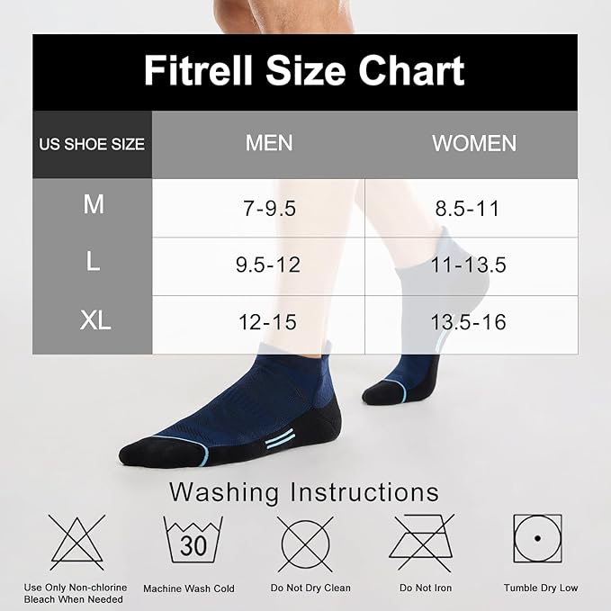 FITRELL Men's 6 Pack Ankle Running Socks Low Cut Cushioned Athletic Sports Socks 7-9/9-12/12-15