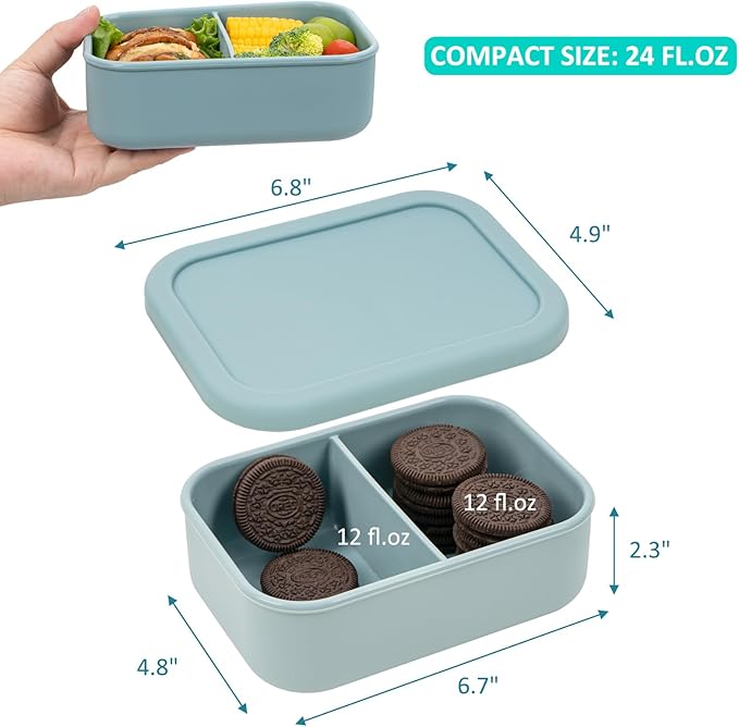 100% Silicone Bento Box Adult with 2 Compartments, 24oz, Reusable Small Divided Lunch Box Meal Prep Containers for Food Snack Storage, BPA-Free Plastic-Free, Microwave Dishwasher safe, Green