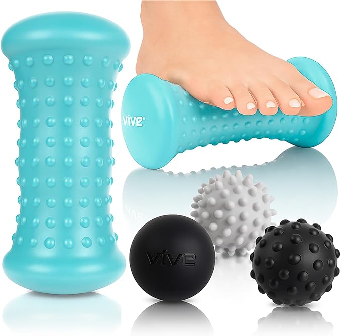 Vive Massage Ball Set (4 Piece) - Plantar Fasciitis Relief Foot Pain Hot Cold Therapy - Heel Spur, Sore Muscle, Trigger Point, Back, Arm, Neck, Shoulder, Leg Circulation Roller
