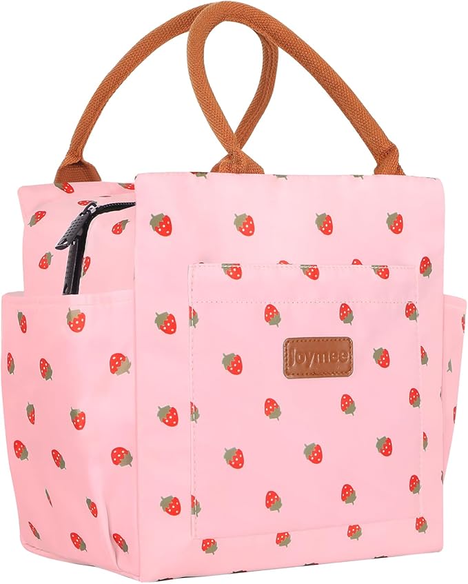 Joymee Lunch Bag Women Insulated Lunch Box Reusable Leakproof Large Spacious Cooler Tote for Women Men Adult with Bottle Holder and Side Pockets for Work Office Travel Picnic - Strawberry Pink