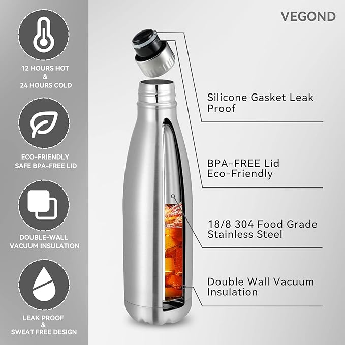 VEGOND 17oz Stainless Steel Water Bottles Bulk, Reusable Metal Sports Water Bottle Keeps Drink Hot and Cold, BPA Free Double Wall Vacuum Cola Shape Insulated Water Bottles for Camping Gym, 4 Pack