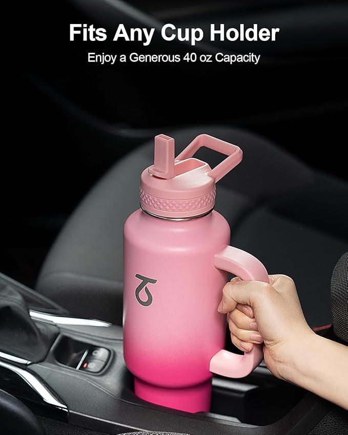 Trebo 40 oz Water Bottle Insulated with Handle, Leakproof Keep 24hrs Cold &Hot,Stainless Steel Travel Tumbler that Fits in Car Cup Holder with Straw Lids,Pink Reusable Water Bottles for women