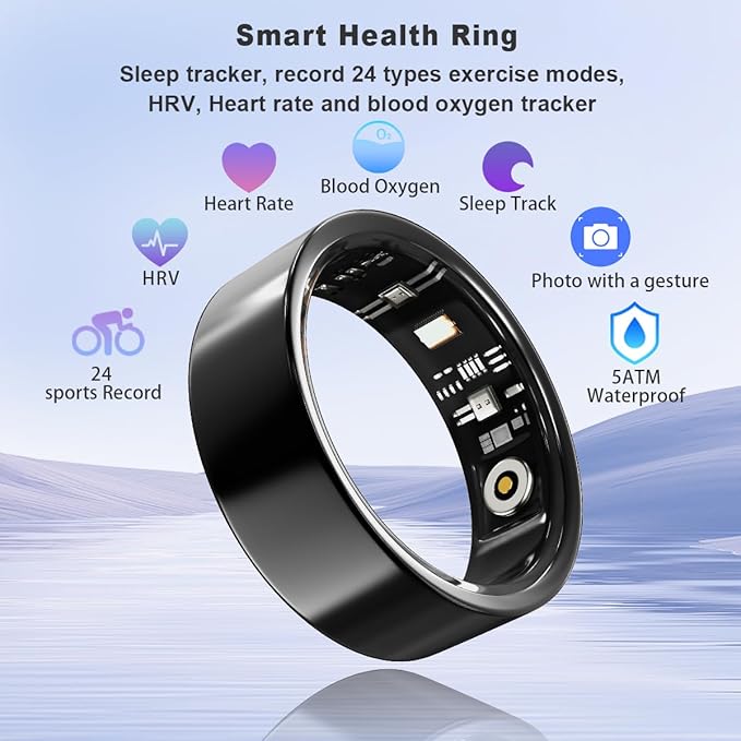 Smart Health Ring for Women Men Fitness Tracker with Heart Rate, Blood Oxygen, HRV, Sleep Monitoring, Step Counting, IP68 for iPhone and Android, No Subscription Fee (Black, 13#)