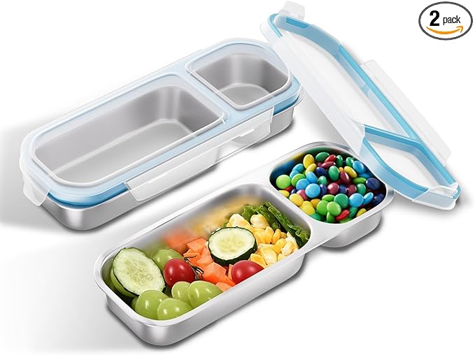 Stainless Steel Snack Containers for Kids Adults, 2 Pack 2 Compartment Metal Snack Containers Box with Lid, Reusable Food Storage Container, Leak Proof, Grab and Go, Blue