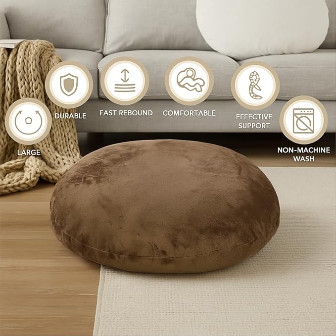Codi Large Meditation Cushions – Round Floor Pillows for Adults with Removable Washable Cover, Soft and Supportive Floor Cushion for Yoga, Seating and Dog Bed, 32 inch - Coffee