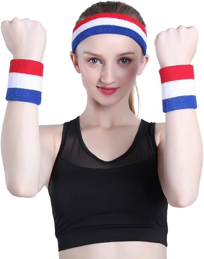 ONUPGO 6 Pieces Sweatbands Set - Sports Headbands Wristbands for Men & Women,Cotton Terry Cloth Sweatband for Tennis,Basketball,Gym,Working Out - Moisture Wicking Elasticity