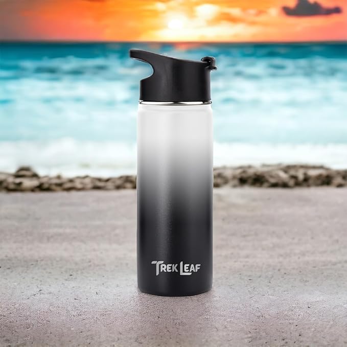 Travel Water Bottle with 3 Lids (Spout, Straw, Flip) Leak Proof, Quality, Vacuum Insulated, Stainless Steel (Day & Night, 18 oz)