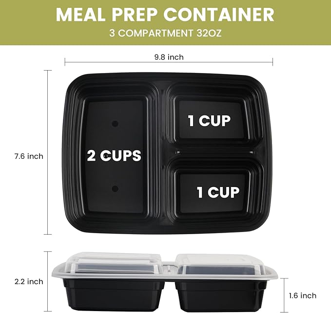 32oz Meal Prep Containers 3 Compartment: 20 Pack Plastic To Go Food Containers Reusable, Leakproof Food Storage with Lids for Takeout, BPA-Free, Microwave/Dishwasher/Freezer Safe