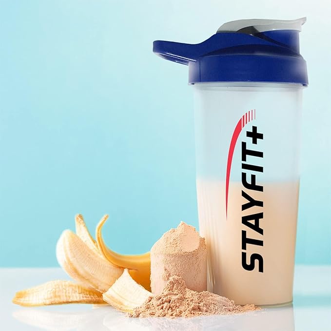 Stayfit Classic Loop Top Protein Shaker Bottle, 24-Ounce Pack of 3. Great for The Gym, Traveling, and Work. Comes with 3 Mixing Balls to Easily Mix Protein. (Multi- Red, Blue, Black)