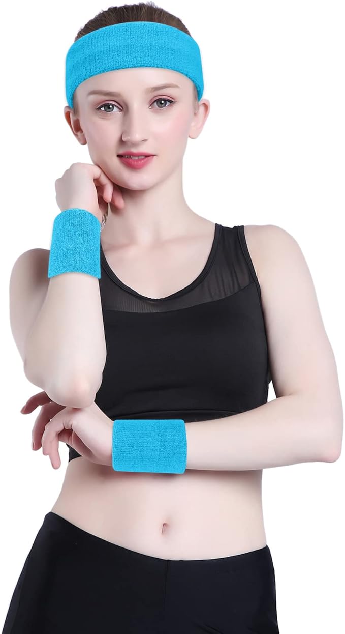 ONUPGO 6 Pieces Sweatbands Set - Sports Headbands Wristbands for Men & Women,Cotton Terry Cloth Sweatband for Tennis,Basketball,Gym,Working Out - Moisture Wicking Elasticity