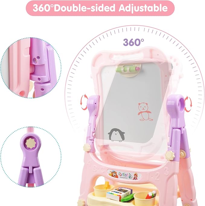 Amagoing Easel for Kids, Adjustable Standing Art Easel for Toddler, Double Side White Chalk Board with Painting Accessories, Birthday Christmas Gift for Little Girls and Boy Age 3 4 5, Pink
