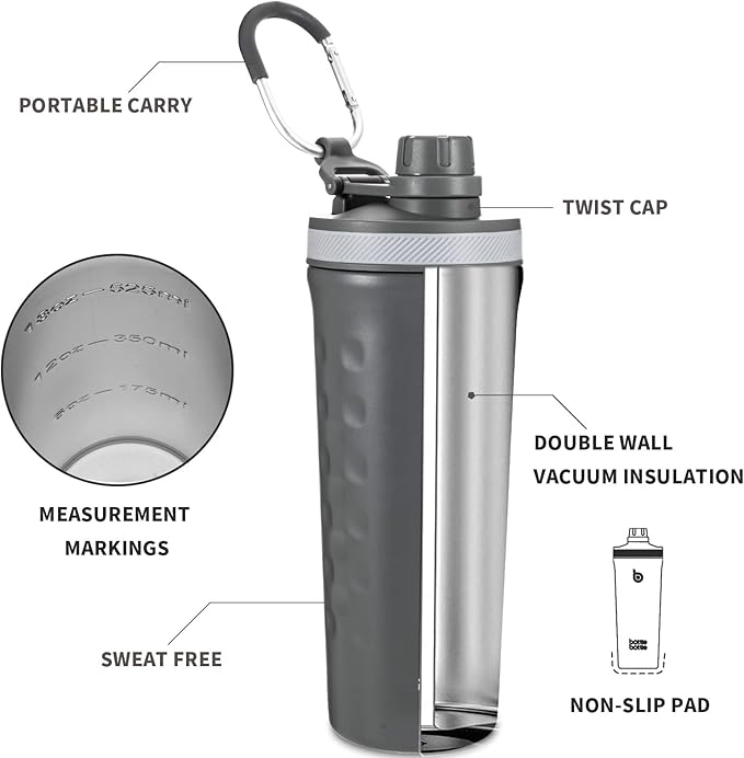 BOTTLE BOTTLE 26 oz Insulated Shaker Bottle Stainless Steel Water Bottle with Wire Whisk, Reusable Protein Shaker Gym Water Cup Grey