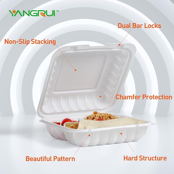 YANGRUI To Go Food Containers, Reusable 150 Pack 8 Inch 34 OZ MFPP Meal Prep Container BPA Free Microwave Freezer Safe Plastic Hinged White Clamshell Take Out Food Boxes