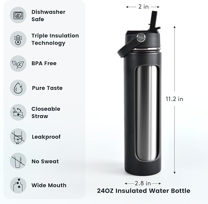 24oz Insulated Travel Water Bottle - Stainless Steel, Leakproof - Keep Hot for 12hrs & Cold for 30hrs - for Outdoors, Sports, Bike, Gym, Marathon - Gift for Women, Men (Black)
