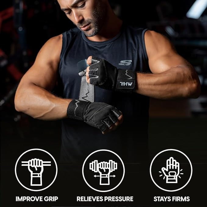 MhIL Workout Gloves for Men โ Comfortable Gym Gloves for Men with Enhanced Grip for Safety and Hand Protection โ Weight Lifting Protection with Wrist Wraps Support for Performance Boost and Style