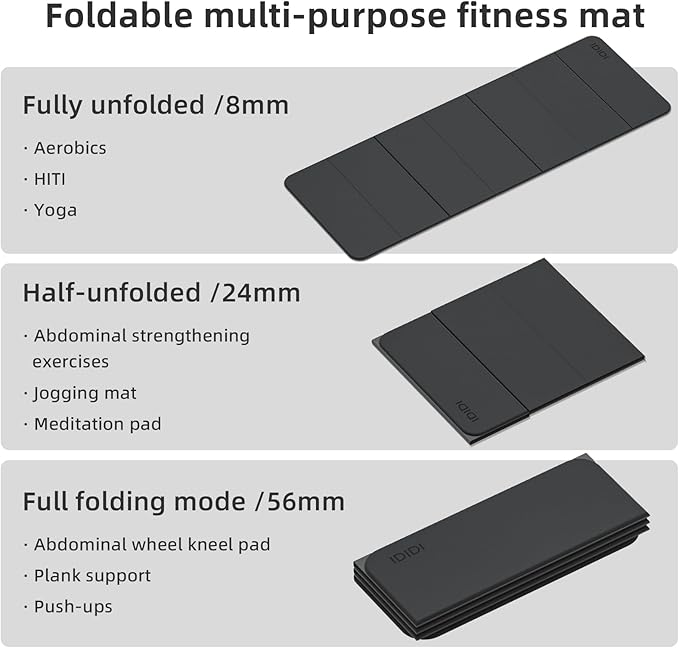 Foldable Yoga Mat Extra Thick 0.32 Inches Eco-Friendly POE Material, Non-Slip Design Fitness Mats, Multi-Purpose Workout Mats For Studio or Home Use (70 x 24 x 0.32 inches)