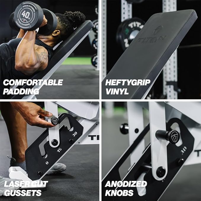 Titan Fitness TITAN Series Adjustable Bench, Supports 600 LB Incline, 1,000 LB Flat, Versatile Single Post Utility Workout Bench for Home Gym, Weightlifting, Strength Training