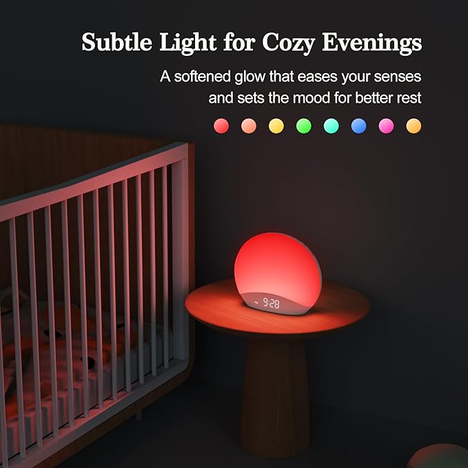 REACHER Sound Machine Sunrise Alarm Clock with Night Light, 26 Nature Inspired Sleep Sounds, 0-100% Dimmable Clock, Sunrise Lamp, Wake Up Light, Brown/Pink/White Noise Machine for Babys, Adults, Kids
