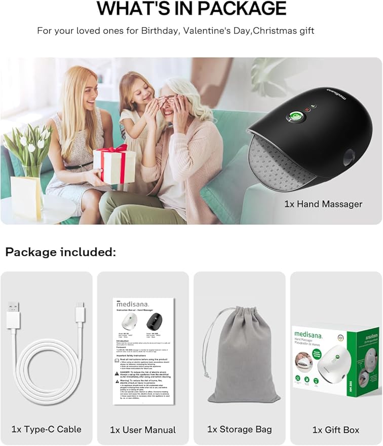 Hand Massager with Heat and Compression, Cordless Hand Massager for Arthritis and Carpal Tunnel Relief, Knuckle Stretching Massage, Personalized Birthday Gifts for Women/Men-Black