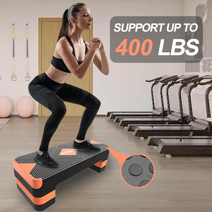 EVERYMILE Aerobic Exercise Step, Adjustable Aerobic Stepper for Exercise, Workout Step Platform, Step Up Box, 26.5" Step Deck with 4” 6” 8” Adjustable Height Risers, Women Home Gym Fitness