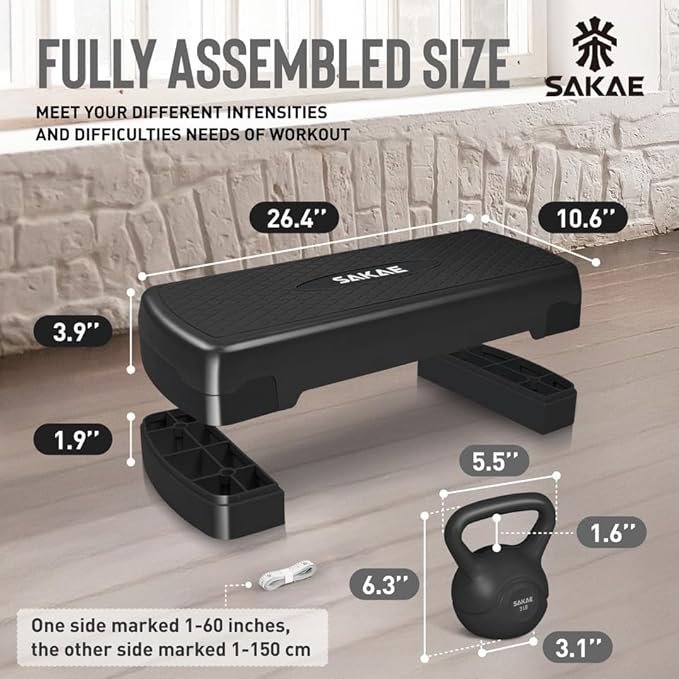 SAKAE Step Aerobics Platform Set with Kettlebell & Measuring Tape, Aerobic Steppers for Exercise at Home, Adjustable Height 2 Level Risers Workout Step Trainer with Non-Slip Surface, Multiple Colors