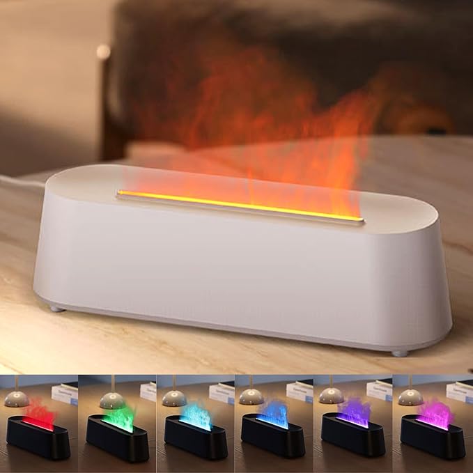 Essential Oil Diffuser, Fireplace Fire Flame Aromatherapy Diffuser, 250ml Cool Mist Humidifier, Scent Aroma Diffuser with 7 Colors Light, Remote Control, Timer & Auto-Off for Home, Room (White)