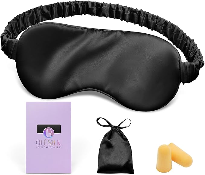 OLESILK 100% Natural Mulberry Silk Sleep Eye Mask Blindfold with Double Layer Silk Filling, Blackout Eye Mask for Women Men Sleeping, Travel and Nap, Eye Cover Eyeshade with Gift Box, Black