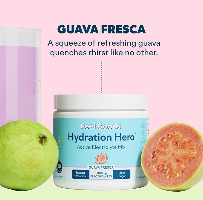 Feel Goods Hydration Hero, 1,000mg Electrolytes Powder, Sugar Free, Magnesium, Organic Aloe Vera, Organic Aloe, L Theanine, Vitamin C & B12, Non GMO, Keto, Vegan | Guava Fresca, 30 Servings