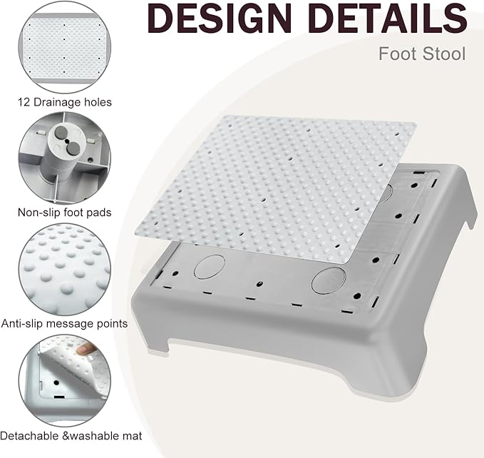 GWNF3.35'' Short Step Stool – 600lb Capacity Ultra-Sturdy Structure & Lightweight Step Stools for Seniors, Kids & Adults | Non-Slip Wide Platform | Mobility Step Stool for Indoor & Outdoor(Grey-White)