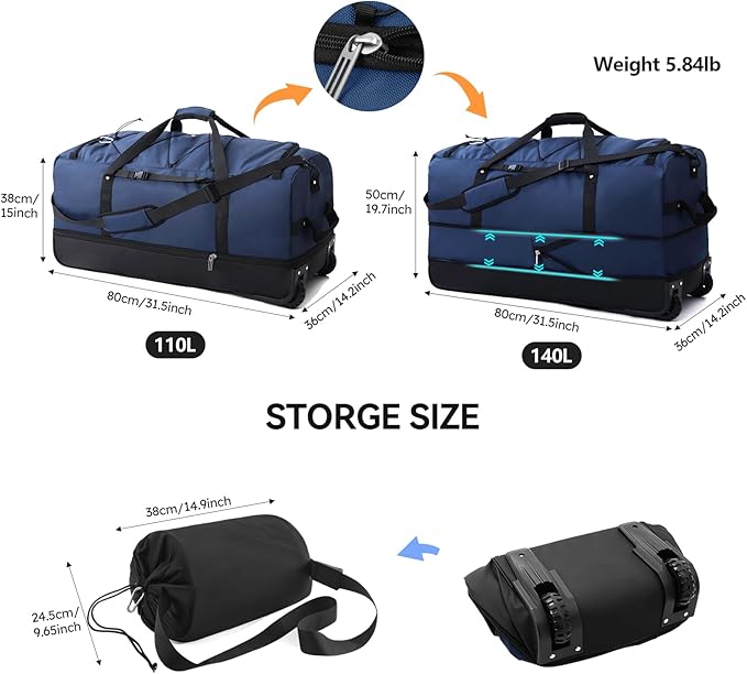 110L/140L Expandable Soft-Sided Foldable Duffle Bag with 2 Rubber Wheels,Packable 32” Rolling Carry-On with Multi-Pockets & Compartments,Navy Blue