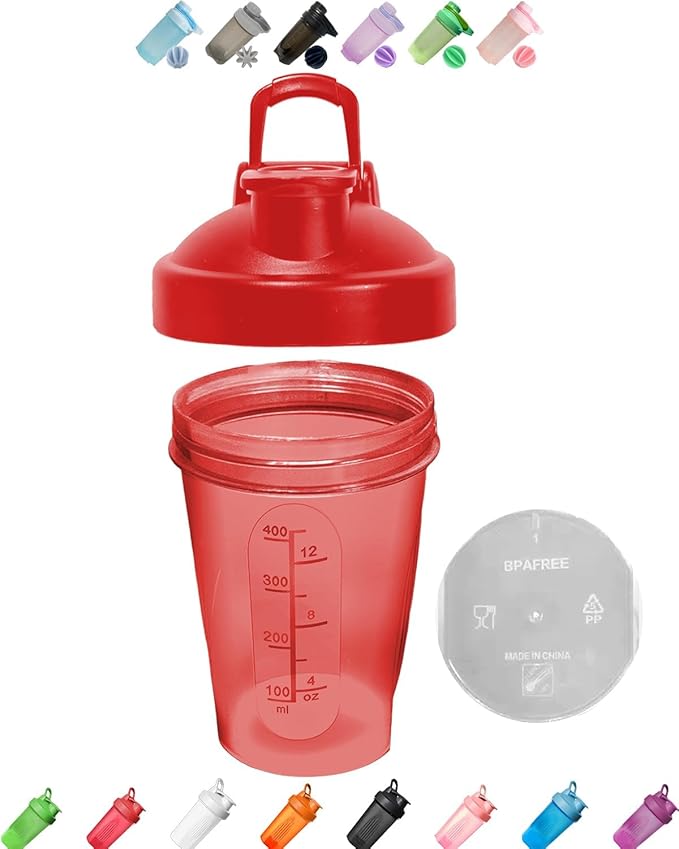 Shaker Bottle Rose Red - w. A Smal Stainless Whisk Mixer Ball,12 OZ/400 ML (Scale Marks),Cup Anti-Slip Design & BPA Free (PP5 Certified),Screw Lid (w. Classic Loop Hook) Leak Proof,Dishwasher Safe
