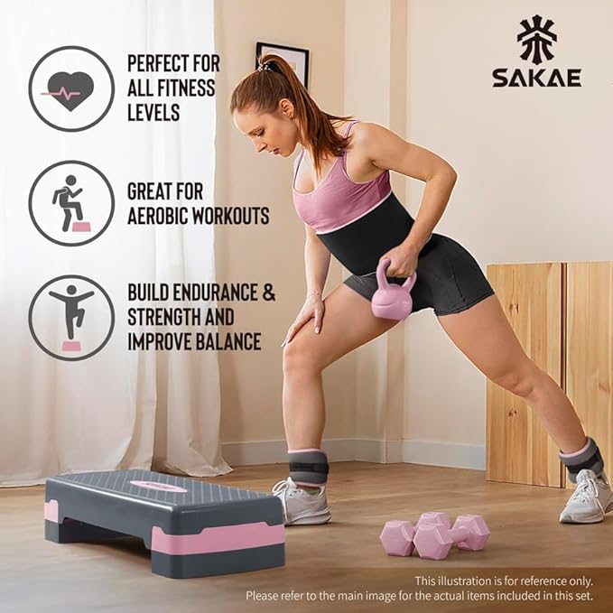 SAKAE Step Aerobics Platform Set with Kettlebell & Measuring Tape, Aerobic Steppers for Exercise at Home, Adjustable Height 2 Level Risers Workout Step Trainer with Non-Slip Surface, Multiple Colors