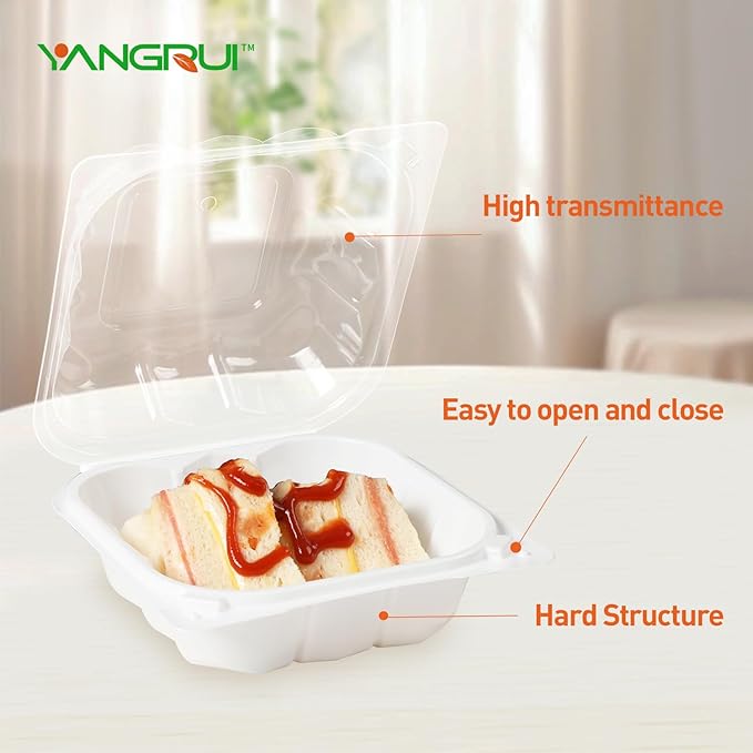 YANGRUI Food Containers 6" 17 oz 55 Pack - Reusable Crystal View Fog Resistant Lid BPA Free Pure PP Plastic Burger Box | Shrink Sealed Hygienic Freezer & Microwave Safe | White Sushi Takeout Container