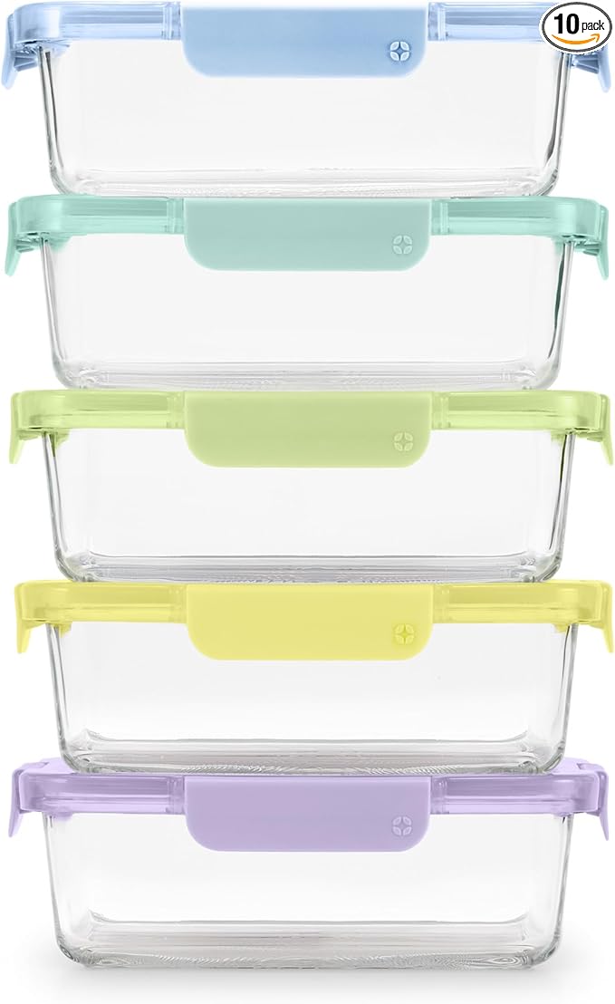 Ello Color Lock 5 Cup 10PC, 5 Pack Glass Meal Prep Sets Leak-Proof Glass Food Storage Containers with Airtight BPA-Free Plastic Lids, Dishwasher, Microwave, and Freezer Safe, Purple Rain