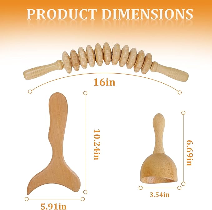 Liitrton Wood Therapy Fasci Massage Tools Curved Wooden Massage Roller Cellulite Reduction and Muscle Tension (Wood 3-in-1)