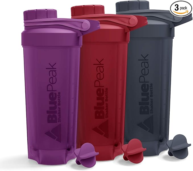 BluePeak Protein Shaker Bottle 28-Ounce, 3-Pack with Twist Cap. BPA Free, Shaker Balls Included (Purple-Red-Gray)