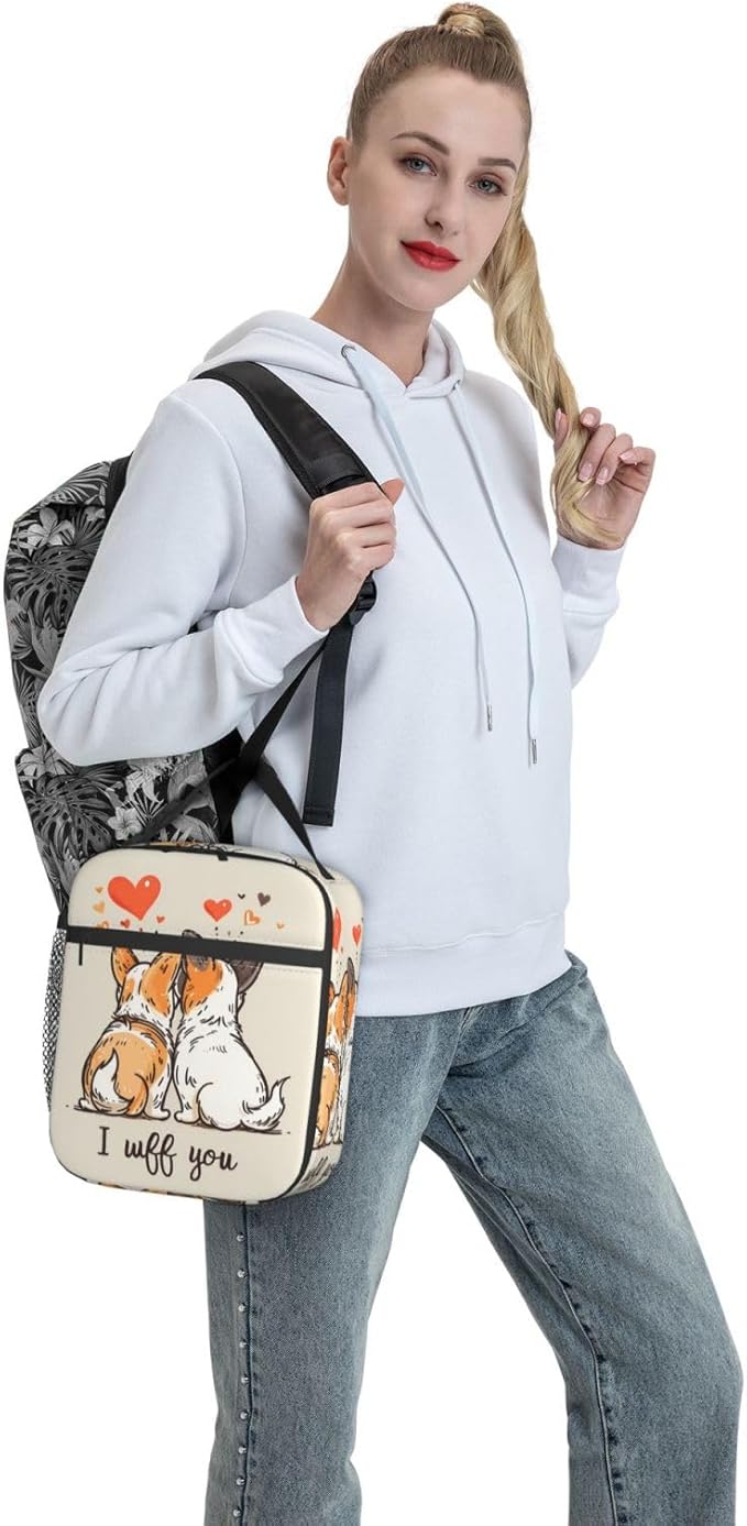 Cute Corgi Dog Pattern Insulated Lunch Box Gifts for Couples Kids Adults Romantic Heart Print Reusable Portable Lunchbox Cooler Lunchbag for Work Picnic School Travel or Hiking