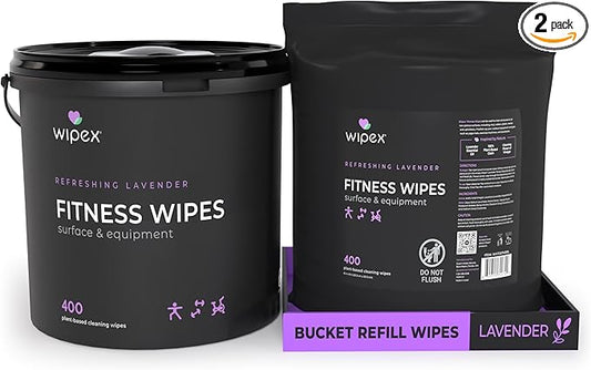 Wipex Gym Wipes for Equipment Bundle – Get 800 Wipes with (1) Lavender Bucket & (1) Plant-Based Refill Roll, Clean Surfaces & Mats, Safe Gym Cleaner, 400 Count (Pack of 2)