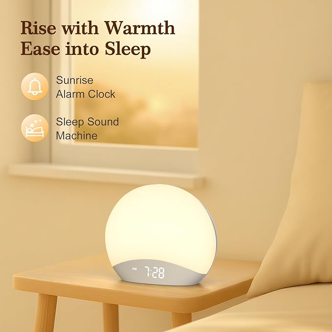 REACHER Sound Machine Sunrise Alarm Clock with Night Light, 26 Nature Inspired Sleep Sounds, 0-100% Dimmable Clock, Sunrise Lamp, Wake Up Light, Brown/Pink/White Noise Machine for Babys, Adults, Kids